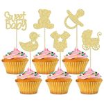 Gyufise 36Pcs Sweet Baby Cupcake Toppers Glitter Bear Pacifier Baby Carriage Sweet Baby Cupcake Picks Gender Reveal Cake Decorations for Baby Shower Kids Birthday Party Supplies Gold