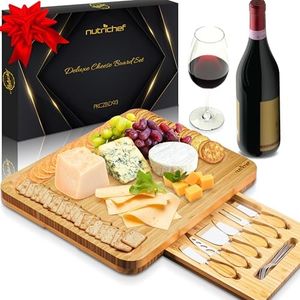 NutriChef Natural Bamboo Cheese Board Set with Bonus Condiment Cup-Extra Large Size 100% Home Organic Wooden Plate and Charcuterie Tray with 4 pcs Cutting Knife Slicer