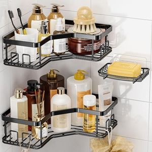 MAXIFFE Shower Caddy, 3-Pack Shower Organizer with Soap Holder, Corner Shower Caddy with 8 Hooks, Wall Mounted Shower Shelf for Bathroom, Kitchen, Countertop, Black