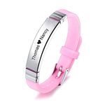 INBLUE Personalised Name Tag Bracelet Customised Name/Date/Quote Engraving Stainless Steel Sport ID Tag Adjustable Silicone Rubber Bracelet for Men Women (Pink Strap & Silver Tag)