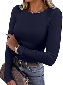 ANRABESS Women Long Sleeve Shirts Rib Knit Slim Fit Tops Basic Tee 2025 Fall Outfits Casual T-Shirt Underscrubs Layer Clothes Navy Blue Large
