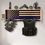 Police Wall Mounted Tactical Duty Gear Rack with Blue American Flag – First Responder Storage Shelf & Police Organizer, Law Enforcement Holder - Police Gift Decor (Wood Color + Thin Blue Stripe)