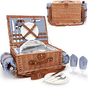 Picnic Baskets for 2, Picnic Basket with Waterproof Blanket, Picnic Basket Set with Washable Beach Mat & Large Insulated Cooler Compartment, Handmade Natural Wicker Hamper for Camping, Outdoor Party