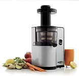 Omega VSJ843QS Vertical Slow Masticating Juicer Makes Continuous Fresh Fruit and Vegetable Juice at 43 Revolutions per Minute Features Compact Design Automatic Pulp Ejection, 150-Watt, Silver