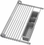 Yofidra Expandable Roll-Up Dish Drying Rack (Up to 21.46") with Expandable Storage Basket, Over-The-Sink Dish Drainer Drying Rack, Foldable Stainless Steel Kitchen Drainer - Grey