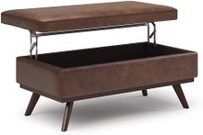 SIMPLIHOME Owen 42 inch Wide Rectangle Lift Top Large Coffee Table Storage Ottoman in Distressed Chestnut Brown Faux Leather, for the Living Room, Family Room and Entryway