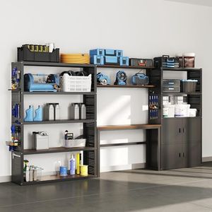 FLEXIMOUNTS Garage Storage Cabinet System, 3-in-1 Modular Metal Tool Cabinet w/Workbench and Particle Board Shelf Includes Pegboard, 24-Gauge Steel, 129"(L) w/ 2 Doors, Black, FLEXIMOD Series