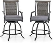 PHI VILLA Outdoor Counter Height Stools (24" Seat Height), Patio Bar Chairs with Rattan Backrest and Wood-Like Armrest Set of 2, Outdoor Stools for Garden,Yard,Lawn