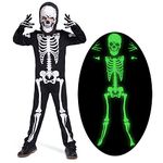 Kids GID Skeleton Halloween Costume, All in One Skeleton Printed Jumpsuit with Hood（5-7years)