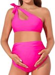 Summer Mae Maternity Two-Piece Swimsuit Bikini Set Cutout One Shoulder Bathing Suit Tie Side Pregnancy Swimwear, Barbie Pink, Large