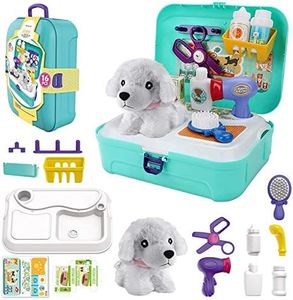 TEUVO Pet Care Play Set Doctor Kit for Kids, 16 Pcs Doctor Pretend Play Vet Dog Grooming Toys Puppy Dog Carrier Feeding Dog Backpack Gifts for Girls Boys 3-7 Years Old