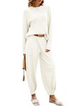 oten Two Piece Outfit for Women Fall Sweater Set Long Sleeve Knit Pullover Tops and Oversized Pants Cozy lounge sets Tracksuit White Small