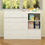 PREMTURE White Chest of Drawers, Baby Changing Table Cabinet with 5 Drawers & Storage Shelves, 120W x 49.5D x 91.5H cm Bedside Storage Cabinet Unit Dresser for Bedroom, Baby Room