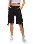 Aeslech Women's Loose Fit Cargo Shorts Cotton Casual Summer Bermuda Shorts with Multi Pockets Black UK 16/Tag 34