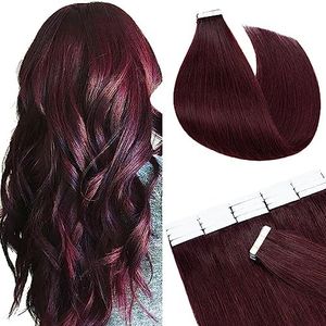 SEGO Tape in Hair Extensions Human Hair 16 Inch 50g 20pcs Natural Straight 100% Remy Rooted Seamless Skin Weft Invisible Double Sided Tape Hair for Women-Wine Red