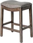 Maven Lane Adrien Kiln Dried Hardwood Saddle Bar Stool, 66 cm High Performance Fabric Seat, Wire Brush Finish, and Nailhead Trim, Dark Walnut/Stone Grey