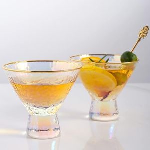 2 Pcs Iridescent Stemless Martini Glasses, Premium Hammered Cocktail Glasses for Weddings, Anniversary, Christmas, Party, 7.7oz Gold Rim