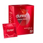 Durex Thin Feel Condoms, 30 Pack, Regular Size Fit, Thin Condom for Increased Sensitivity, Contraception, Thinnest Condom, Best Condoms for Feeling, Natural Latex Condom with Silicon Lube