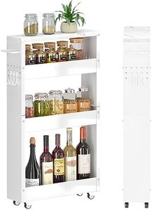 XYZLVSI Slim Storage Cart, 5 in Width, 4-Tier White Rolling Cart with Handle & Wooden Top for Kitchen Bathroom Laundry Narrow Places (XYZ307)