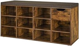 DINZI LVJ Shoe Bench, Entryway Storage Bench with Drawer and 11 Cubbies, Cubby Shoe Rack with Adjustable Shelves, Shoe Organizer Cabinet for Living Room, Mudroom, Closet and Garage, Rustic Brown