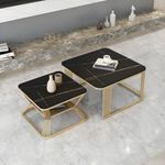 WOODEN SHINE Modest Coffee Table Set of 2 End Tables Marble Look Luxury Sofa Center Tables with Open Storage Shelf with Metal Frame Perfect for Living Room (Gold & Black)