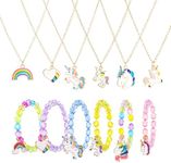 Pinenuts 12 Pcs Kids Jewellery Sets for Girls, Unicorn Bracelet and Necklace, Colorful Friendship Bracelets Rainbow Beaded Bracelet Necklace for Kids Girls Birthday Party Favors