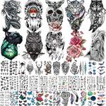 COKTAK 46 Sheets Large Skull Maori Warrior Temporary Tattoos For Men, Realistic Tiger Owl Flower Temporary Tattoos For Women, Tiny Kids Tattoos Temporary, Tribal Armband Arm Neck Face Tatoos Stickers