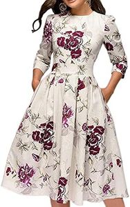 Simple Flavor Women's Floral Vintage Dress Elegant Midi Evening Dress 3/4 Sleeves, White/Floral1, XX-Large