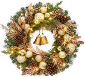 GarveeHome 24" Pre-Lit Christmas Wreath for Front Door, Artificial Christmas Wreath with Lights, Battery Operated Xmas Wreath Decor with Pine Cones, Berries, Ball Ornaments and Bells, Gold