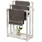 MyGift 3-Bar Shabby White Washed Wood Freestanding Bathroom Towel Drying Rack Holder with Bottom Storage Shelf