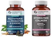 Carbamide Forte Multivitamin Tablets for Men and Women with Probiotics Supplement - 180 Veg Tablets & Carbamide Forte Hydrolyzed Collagen Peptides, 180 Tablets | 6000mg with Type 1 & 3 Collagen Powder