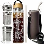 ameiin 32oz Borosilicate Glass Water Bottle with Bamboo Lid and 2 Tea Infuser Sets for Fruit Infused Water and Cold Brew Coffee - Tea Strainer for Loose Leaf Tea (Flower)