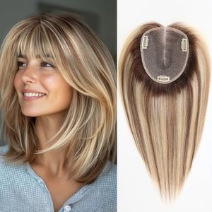 starluck 6x5 inch Large Swiss Base SilkHug 14 Inch Real Human Hair Toppers,60 Gram, 100% Real Human Hair Toppers for Women with thinning (Ash Blonde, with Bangs) 613/M6/16A#