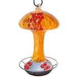 Mushroom Shape Hummingbird Feeder by Grateful Gnome - Large Hand Blown Stained Glass Feeder for Garden, Patio, Outdoors, Window with Accessories S-Hook, Ant Moat, Brush - 32 fl oz, Red Mushroom Design