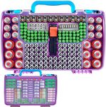 Battery Organizer Storage Case with Tester, Double-Sided Batteries Box Holder Fits for 269 AA AAA AAAA 3A 4A 9V C D Lithium 23A 4LR44 CR123A CR1632 CR2032, Battery Garage Container Keeper- Purple