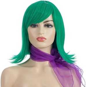 Morticia Short Straight Fillp out Green Bob Halloween Disfraz Cosplay Peluca con bufanda morada