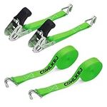 Heavy Duty Ratchet Straps with Double Hooks 2 X 800KG Break Strength - 6M x 25mm Adjustable Tensioning Belts Secure Motorcycles/Car Roof Rack/Surfboard Kayak/Vans/Bike/Cargo- Green（2 PCS）