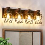 4-Light Farmhouse Bathroom Vanity Light, Wood Bathroom Lighting Fixtures Over Mirror, Black Bathroom Light Fixtures with Cage Metal Shade, Rustic Vanity Light for Bathroom, Hallway