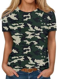 Generic T Shirts for Women Plus Size Tops for Women Fashion Camouflage Printed Tops 2024 Summer Plus Size Loose Round Neck Short Sleeve Shirt Tee Womens Plus Size Shirts Dark Green XL