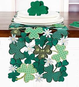 GRANDDECO St. Patrick's Day Table Runner 13"×54",Applique Embroidered Cutwork Clover Dresser Scarf for Home Kitchen Dining Spring Irish Festival Tabletop Decoration