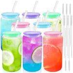 Joyclub 8pcs Glass Cups with Acrylic Lids and Straws 16 oz Can Shaped Glass Iced Coffee Cups with Lids and Straws, Cute Tumbler Cup Drinking Glasses for Smoothie Whiskey Boba Soda Tea Gift