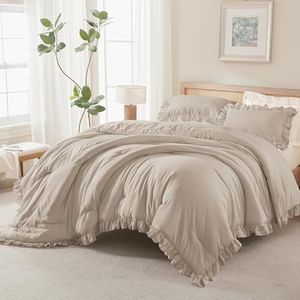 Andency Wheat Ruffled Comforter King(104x90Inch), 3 Pieces(1 Ruffle Comforter and 2 Pillowcases) Vintage Ruffle Fringe Comforter, Farmhouse Rustic Microfiber Down Alternative Bedding Comforter Set