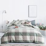 SUSYBAO Plaid Duvet Cover King 100% Washed Cotton Green Geometric Grid Duvet Cover 3 Pieces Set 1 Farmhouse Buffalo Checkered Duvet Cover with Zipper Ties 2 Pillowcases Fall King Bedding Set