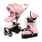 Magic ZC PU Leather 3 in 1 Pushchair Pram Travel System, Baby Stroller 3 in 1 with 360° Rotatable Seat, Newborn Infant Buggy with Aluminum Frame, Toddler Carriage with One-Click Folding (906 Pink-1)