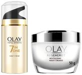 Olay Night Cream Total Effects 7 in 1, Anti-Ageing Moisturiser, 50g & Olay Night Cream Regenerist Deep Hydration Light Cream, 50g