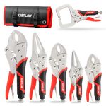 KRETLAW Locking Pliers Set 6PCs, Mole Grips Adjustable Wrench Vice Grips Pliers, 6-1/2”&9-1/2” Long Nose, 5”, 7” and 10” Curved Jaw, 6” C-clamp Locking Pliers with Rolling Pouch