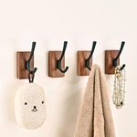 LECHYN 4 Pack Walnut Wood Wall Coat Hooks for Hanging, Adhesive Mounted & Wall Mount Heavy Duty Decorative Wooden Double Hook hanger for Towel Backpack Hat Jacket Clothes Blanket Purse Closet Robe Key