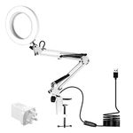 LED Magnifying Lamp,Adjustable 5X Magnifier Desk Lamp with 3 Colors 4.13" Diameter Glass USB Magnifying Lamp with Adjustable Swivel Arm for Reading/Office/Workbench. (White)