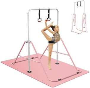 FINCOME Gymnastics Bar for Kids with Mat and Gymnastics Rings, Height Adjustable, Foldable Gymnastics Horizontal Bar with Mat, Gymnastics Equipment for Home Room Indoor Outdoor Gym Practics, Pink