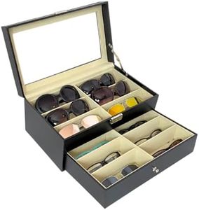 Evelots Eye Glass Case - Sunglasses Organizer Box - 8 or 12 Slot - No Scratch Lining Tray - Vegan Leather - Clear Acrylic Lid
